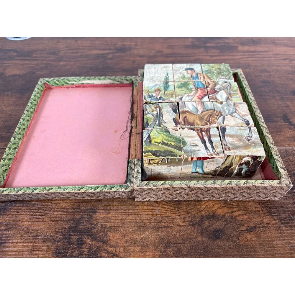 Antique Victorian Lithograph Picture Blocks Wood‎ Toy Box Equestrian Scene FAIR